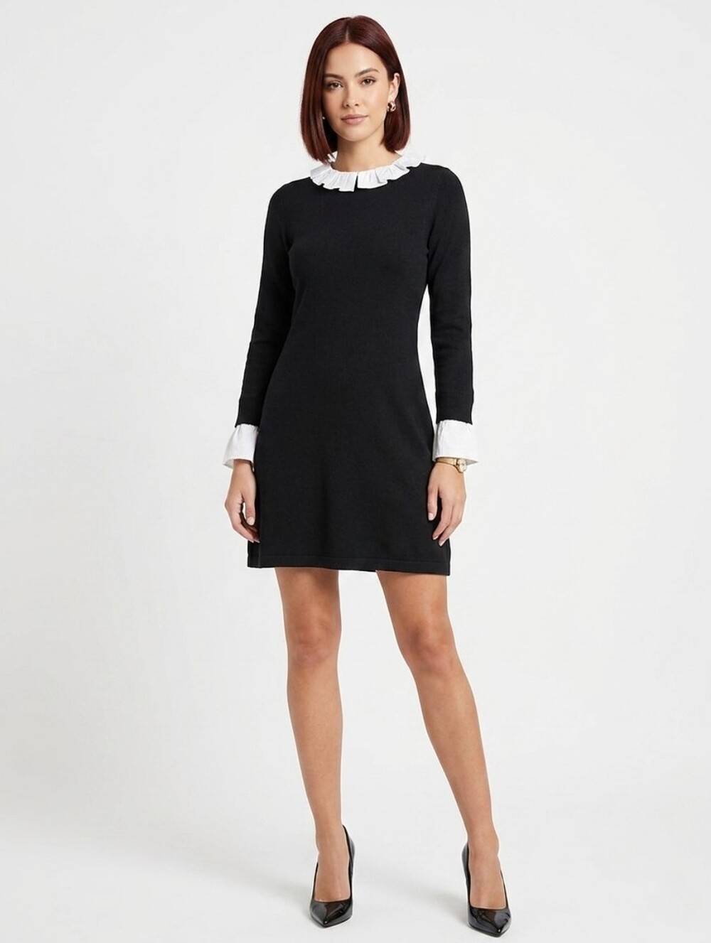 NEW Black & White Merino Wool Ruffle-Collar Long-Sleeve Sweater Dress Size M